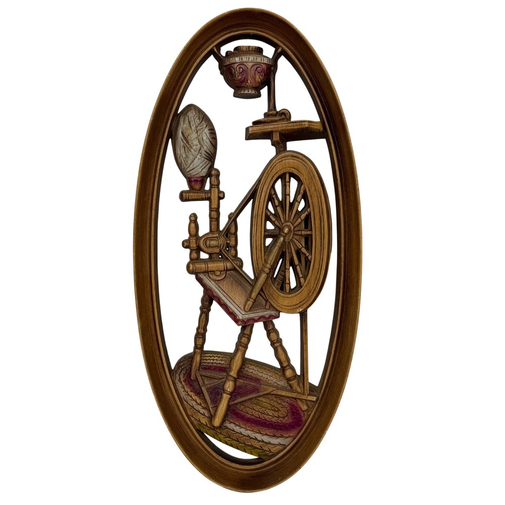 Burwood Spinning Wheel Wall Hanging Art Brown Faux Wood Grain Oval USA